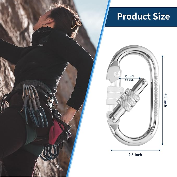 Oval Indoor Outdoor Climbing Carabiner, 25 KN Screw Locking Heavy Duty Safety - Image 2