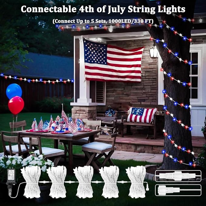 4th of July Red White and Blue Lights, Connectable 200 LED 66FT String Lights - Image 2
