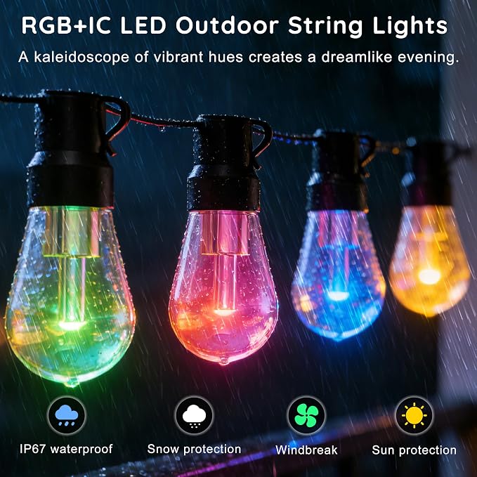 300FT RGB+IC Outdoor String Lights, Dimmable Shatterproof LED Bulbs, IP67 - Image 4