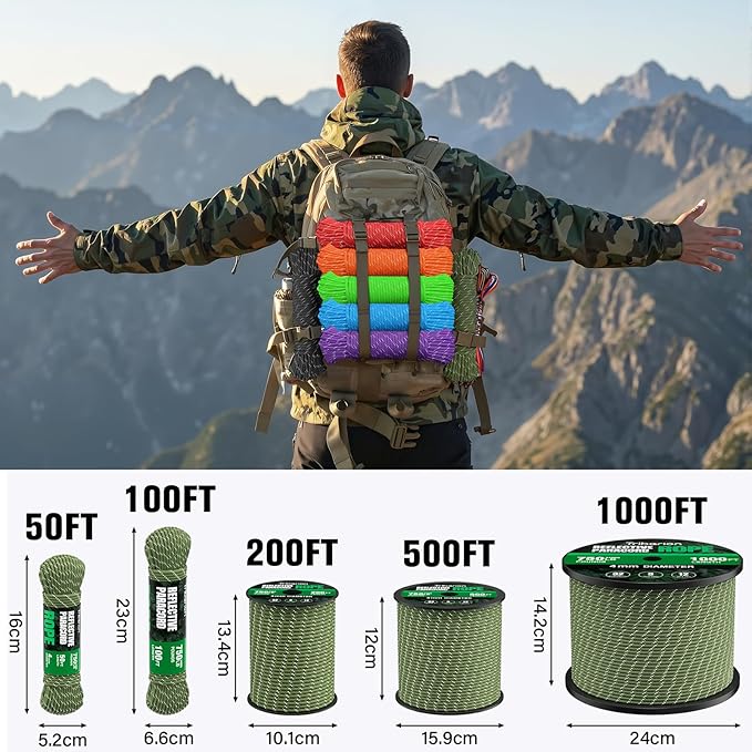 Reflective Paracord Rope 750 lb - 100ft 5/32" Parachute Cord 4MM 12-Strand para - Image 5