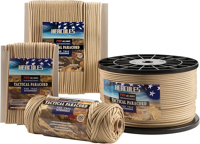 HERCULES 750lb Paracord 4mm 11 Strands Tactical Parachute Cord, Outdoor Gear by HERCULES