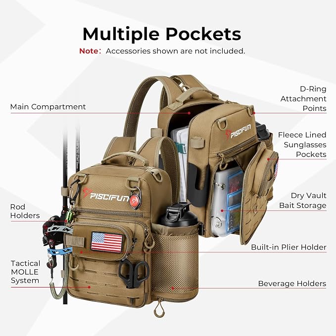 Piscifun Fishing Tackle Backpack, Convertible Sling or Waist Pack, 16-Pocket - Image 3