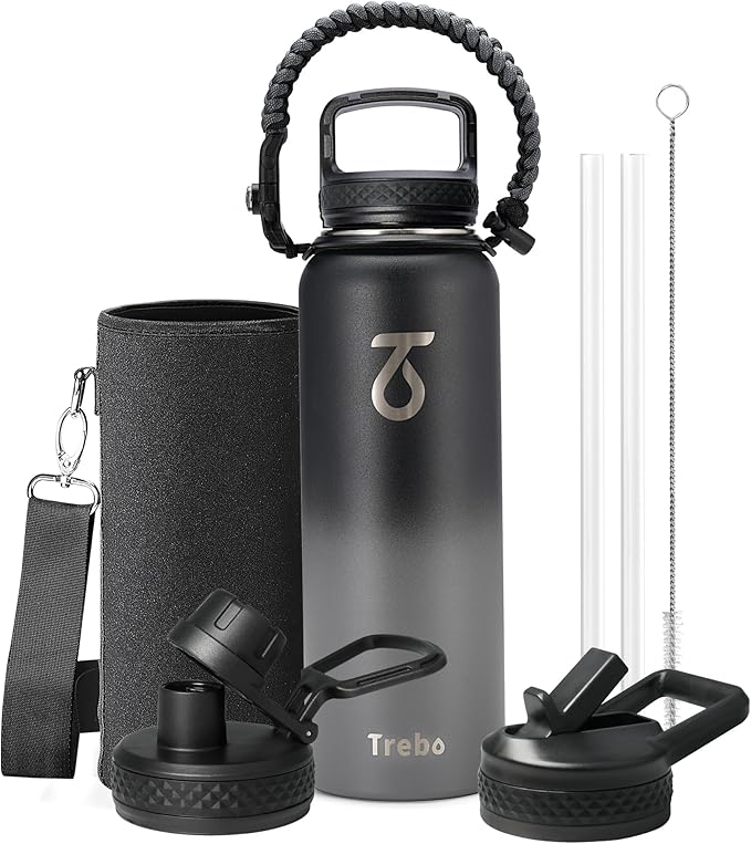 Trebo 40oz Water Bottle with 3 Lid and handle, Vacuum Insulated Stainless Steel by StayHotStayColdStayGreen