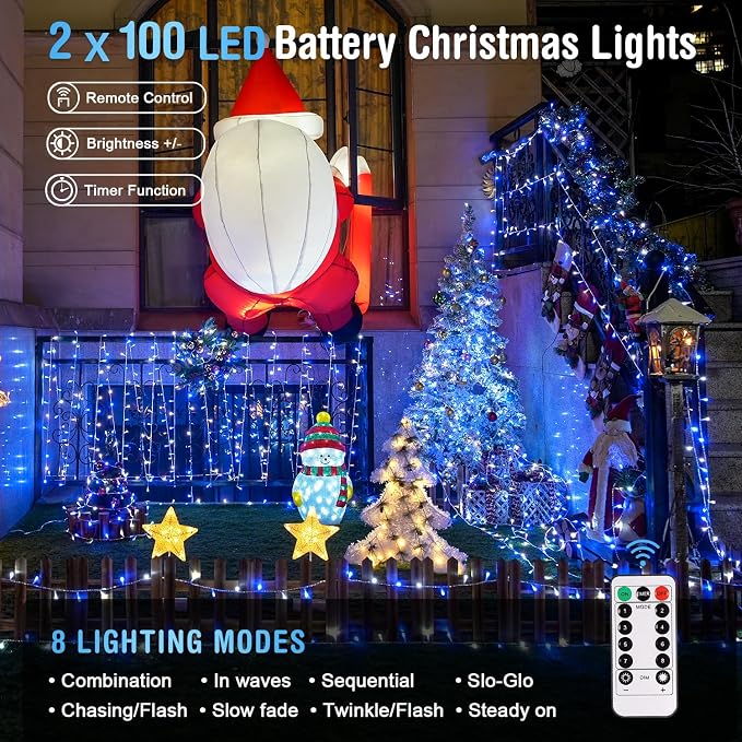 JMEXSUSS 2 Pack Blue and White Battery String Lights, Each 33ft 100 LED Battery - Image 6