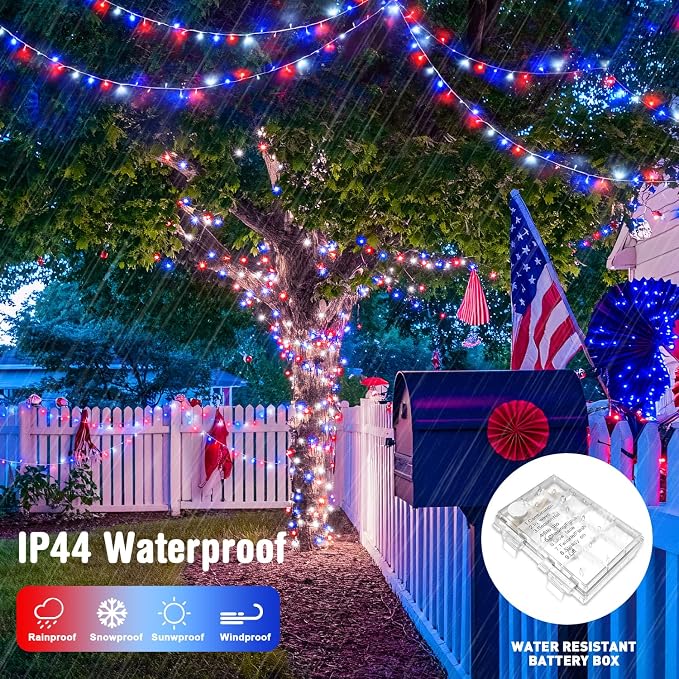 JMEXSUSS 2 Pack Red White and Blue Lights Outdoor, 33ft 100 LED 4th of July - Image 6