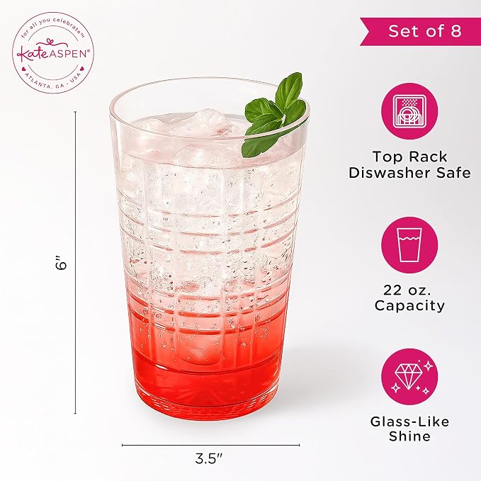 Kate Aspen Clear Plaid Acrylic Glasses Drinkware, Plastic Drinking Glasses Set - Image 6