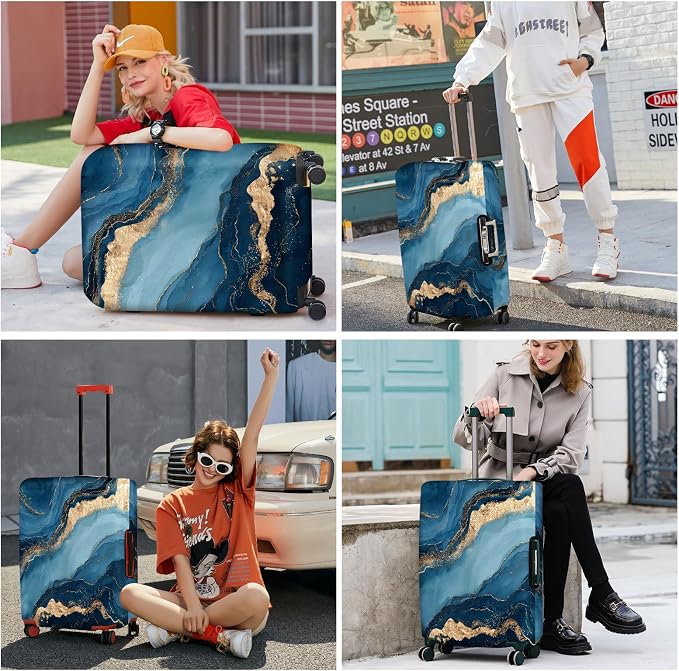 ANNA QUEEN Blue Marble Luggage Cover, Modern Gold Vein Abstract Design Suitcase - Image 7