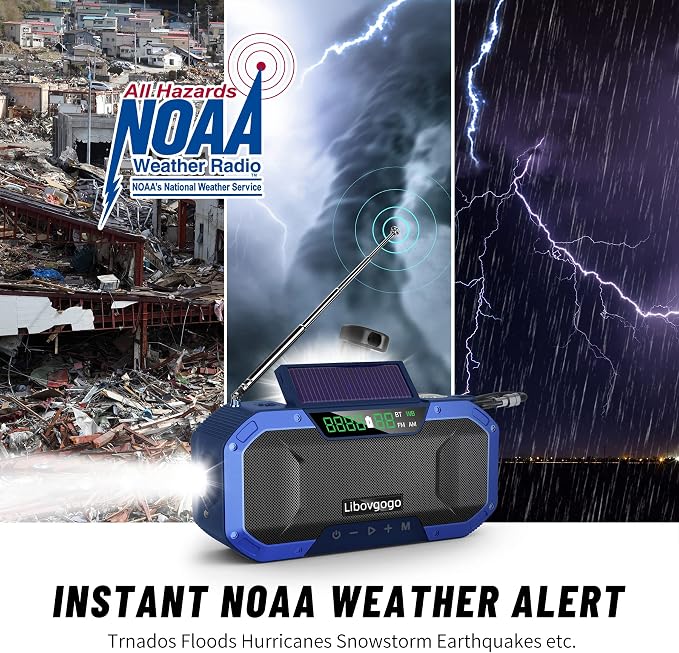 Bluetooth Hand Crank Emergency Solar Powered Radio, Waterproof Portable NOAA - Image 2