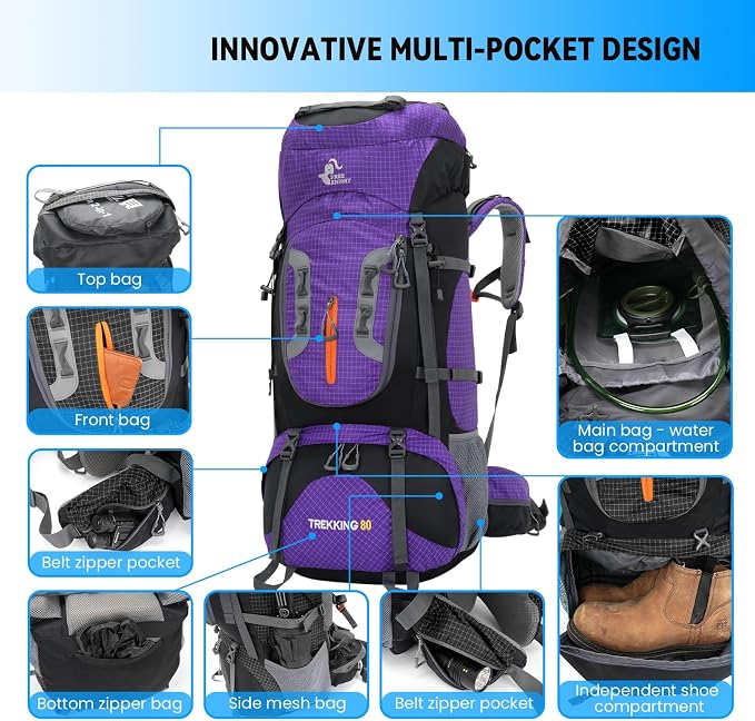 Bseash 80L Waterproof Hiking Camping Backpack - Image 3