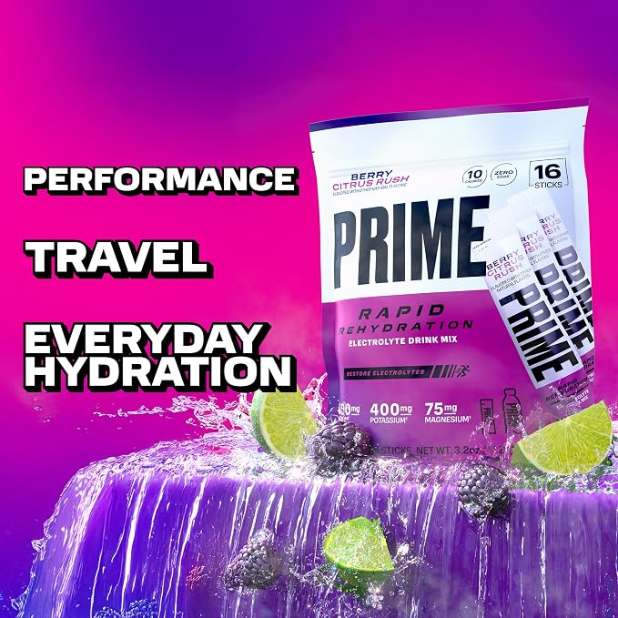 PRIME Rapid Rehydration Electrolyte Powder Sticks, Berry Citrus Rush, Sugar - Image 5