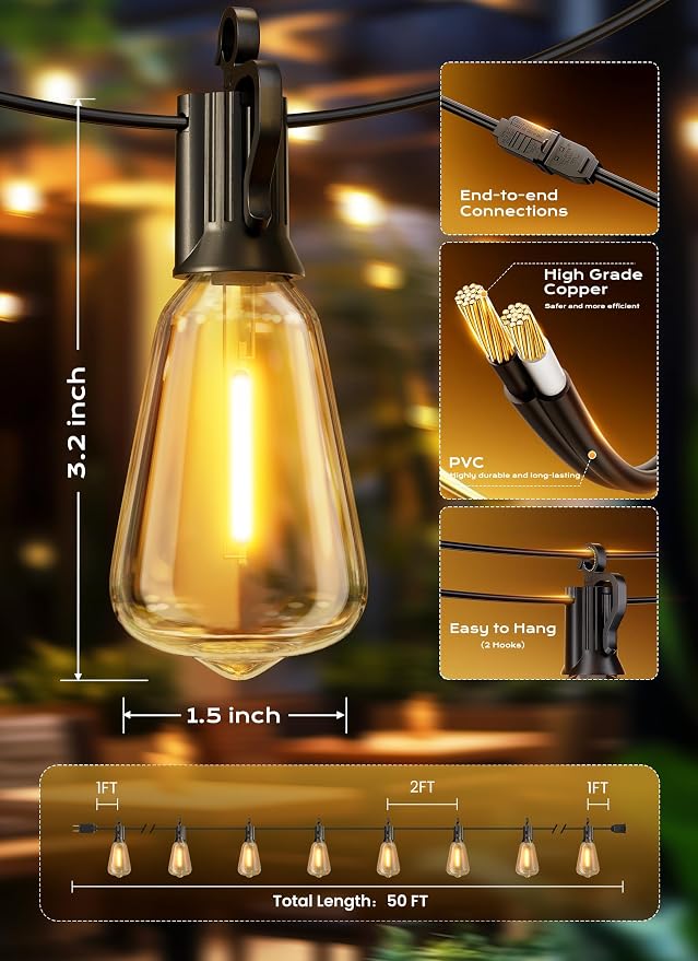 Brightown Outdoor String Lights, 50FT 25+2 LED ST38 LED Patio Lights - Image 7