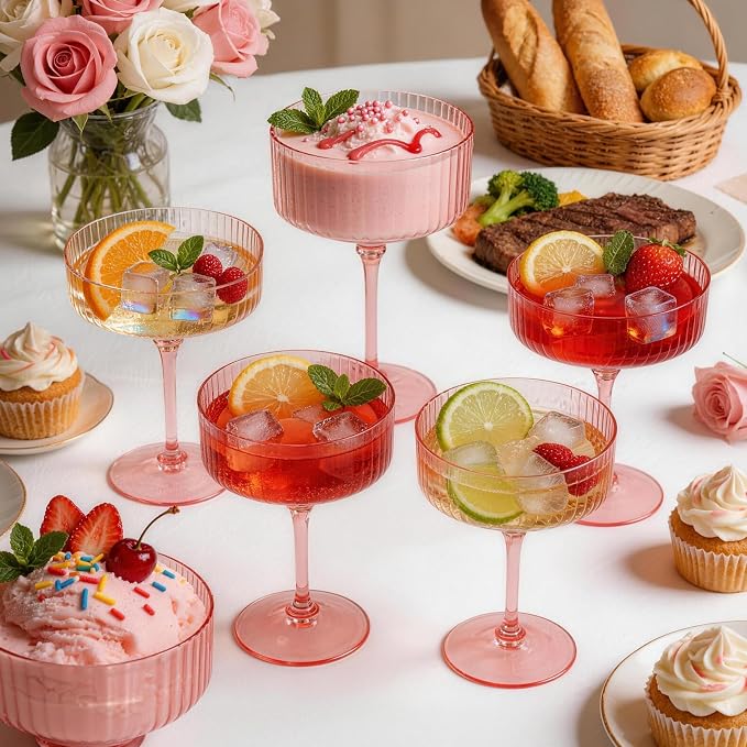 PLULON 6 Pcs Pink Champagne Martini Glasses Set 10 Oz Plastic Ribbed Coupe Cup - Image 6