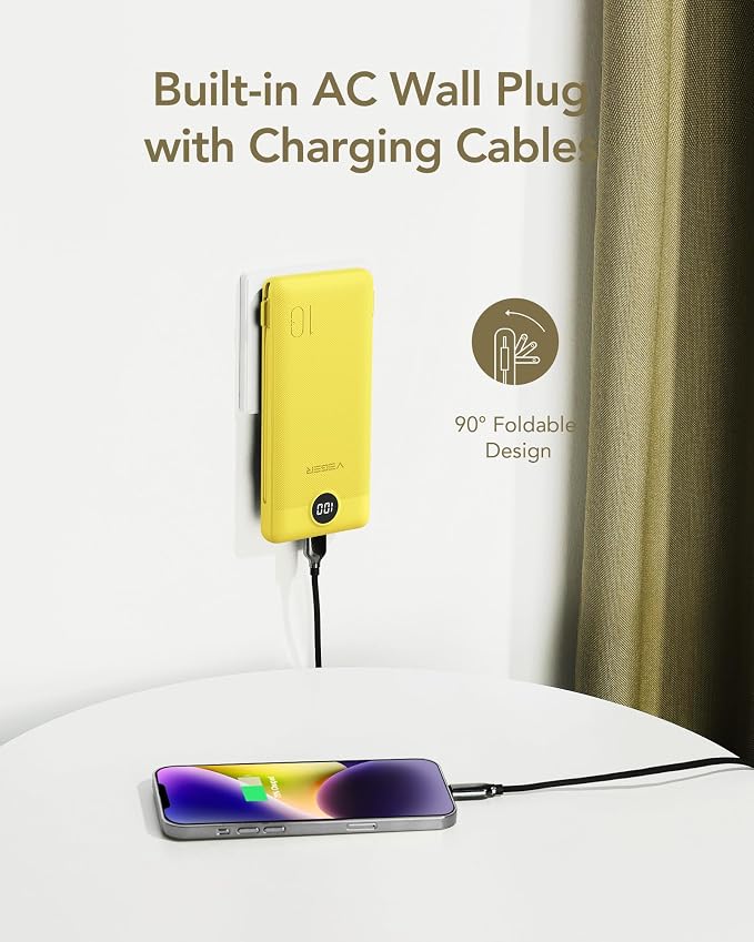VEGER Portable Charger with Built-in AC Plug and Cables, All in One 10000mAh - Image 3