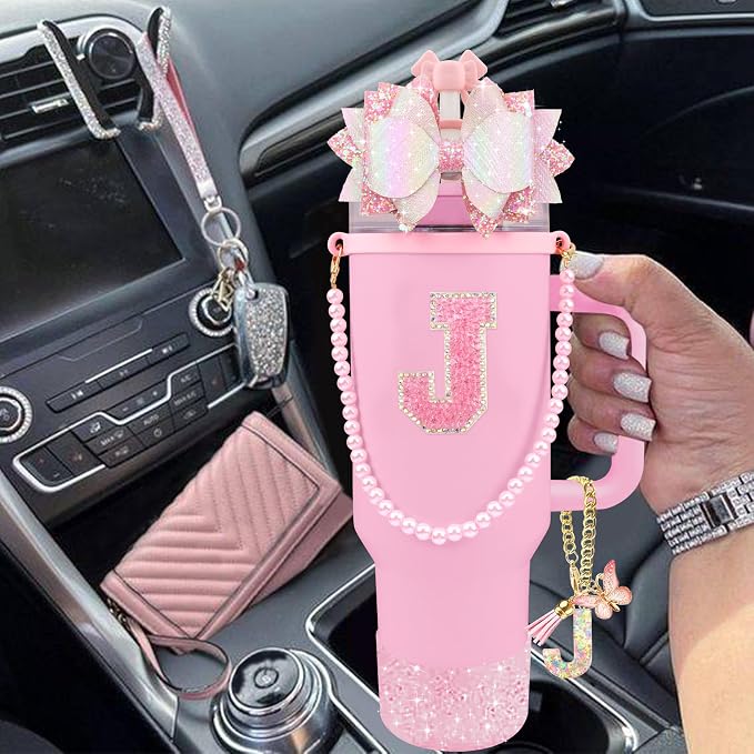 9PCS Pink for Stanley Cup Accessories Set Bling Initials Bow Charms for Stanley - Image 6