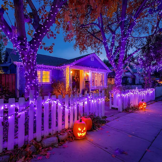 JMEXSUSS 600LED Purple Solar Halloween Lights, 206.7ft Solar String Lights - Image 6