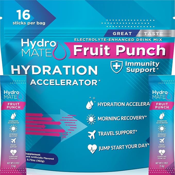 HydroMATE Electrolyte Powder Fruit Punch Hydration Packets Low Sugar 16 Count by HydroMATE