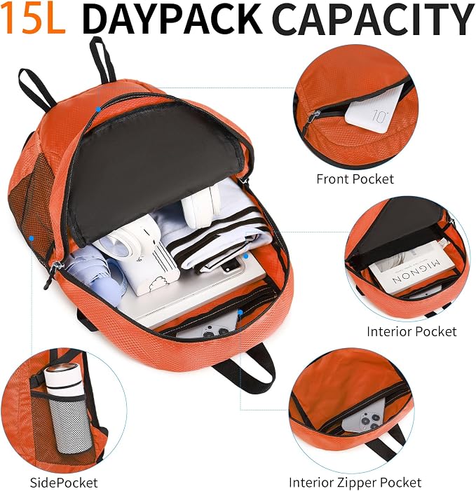 Small Hiking Backpack 15L Travel Lightweight Hiking Packable Daypack - Image 4