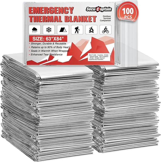 SecuCaptain Survival Emergency Thermal Blankets: 100 Pack Extra Large 84” x63” by SecuCaptain