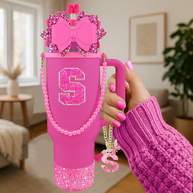 9PCS Hot Pink for Stanley Cup Accessories Set Bling Initials Bow Charms for - Image 2