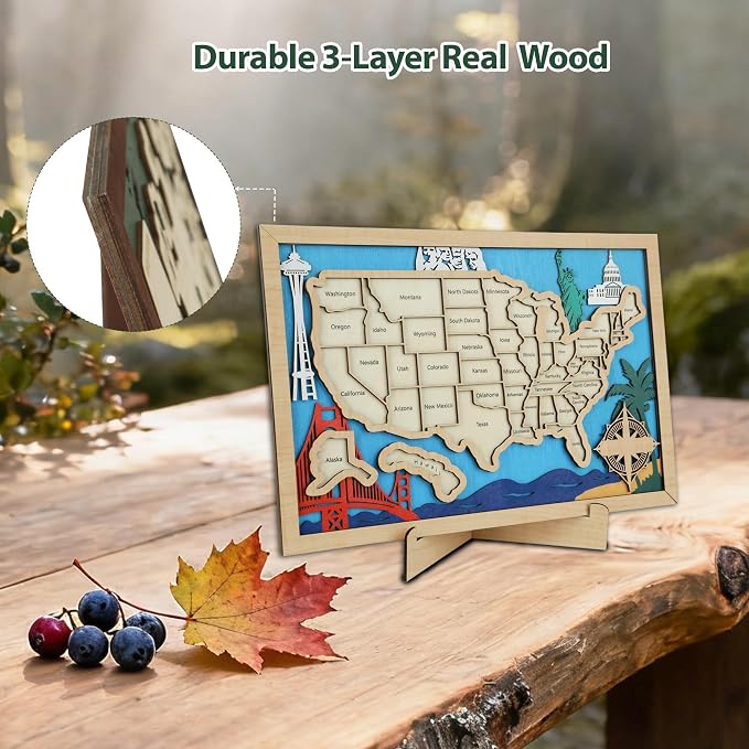 Wooden USA Landmark Travel Map, 16.5 x 11, 3-Layer Wood State Map Tracker Puzzle - Image 6