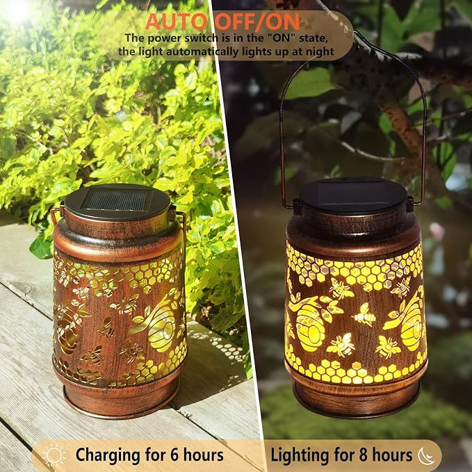 Solar Lanterns Outdoor Hanging Honeybee Decor Lantern, Waterproof Hollow Out - Image 4