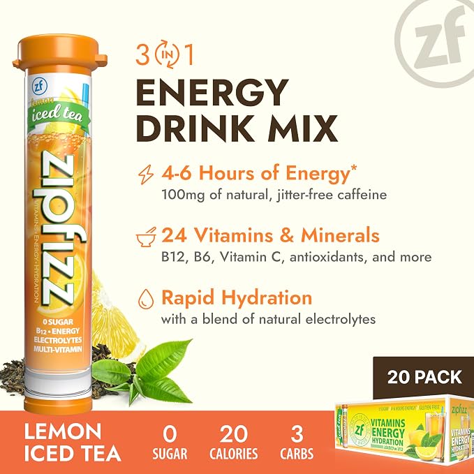Zipfizz Daily Energy Drink Powder, Lemon Iced Tea, 20 Pack | 3-in-1 Sustained - Image 2