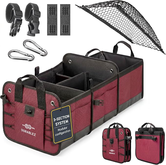 XL Trunk Organizer 3-Section for SUV, Van – Modular L-Shape Car Storage Box by DURABLEZ