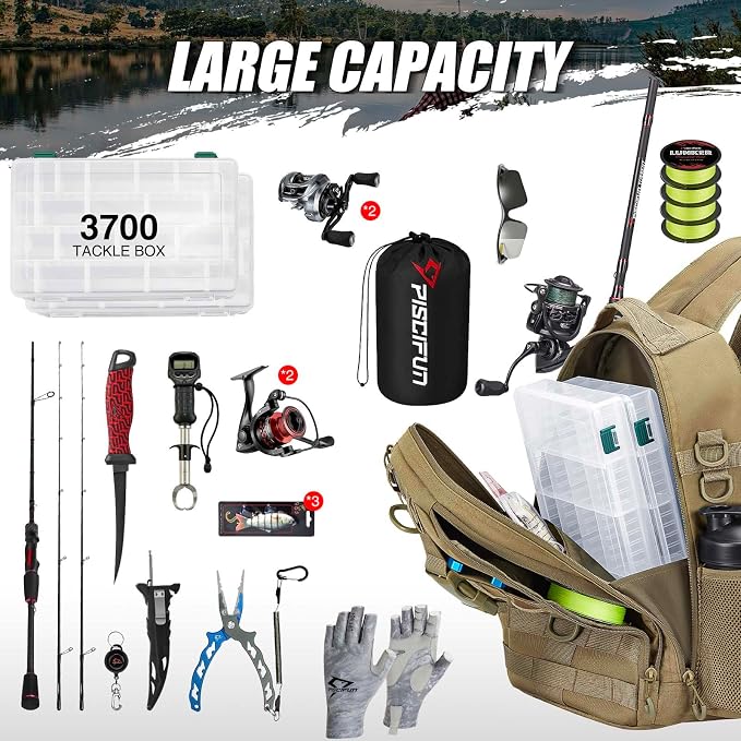 Piscifun Fishing Backpack with Rod Holder, Lightweight Sling Bag Storge Gear - Image 7