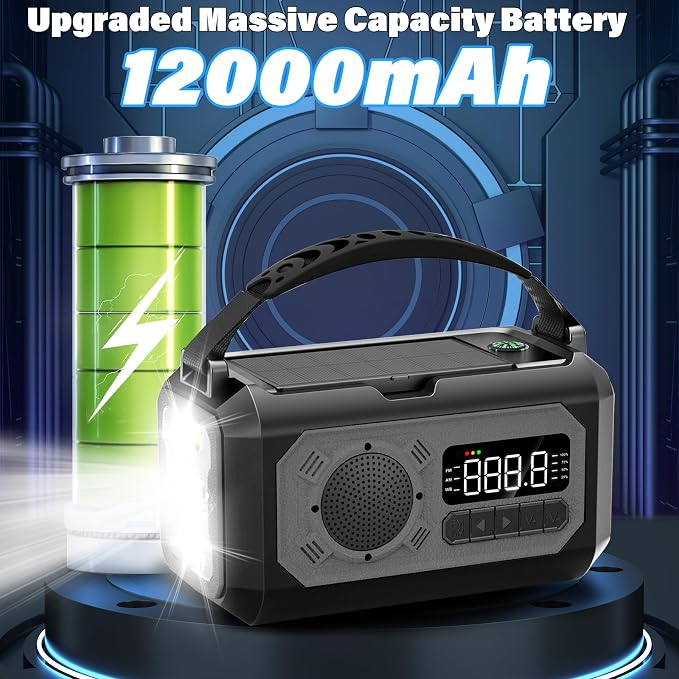 12000mAh Emergency Weather Radio, Hand Crank Solar Radio Portable AM/FM/NOAA - Image 3