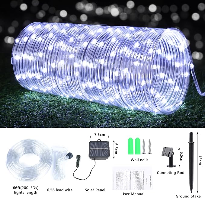 Solar Rope Lights, 66ft 200LED Solar String Lights, 8 Modes Waterproof Solar - Image 5