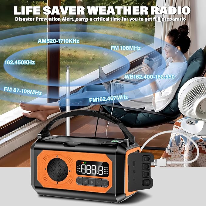 44400mWh/12000mAh Emergency Weather Radio, Hand Crank Radio Solar Radio - Image 6
