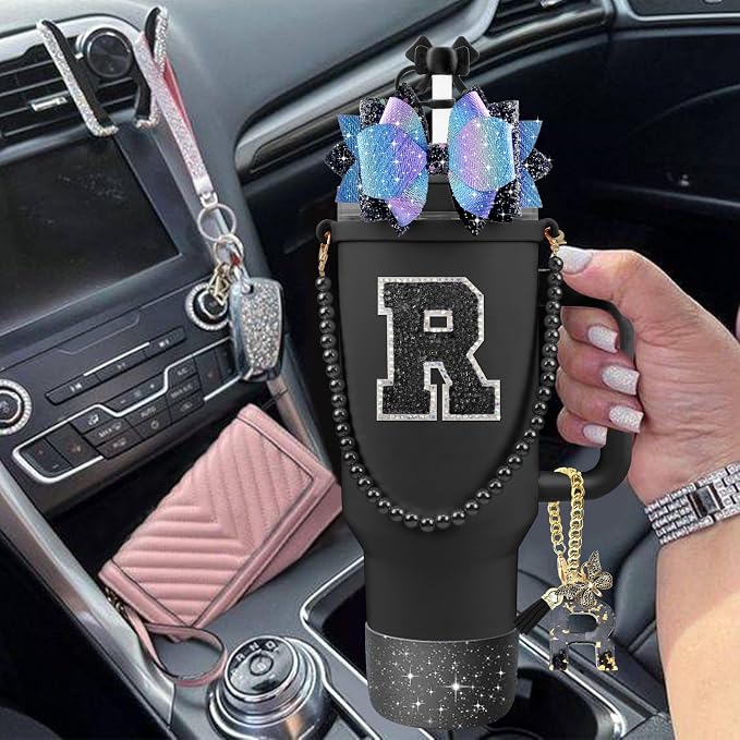 9PCS Black for Stanley Cup Accessories Set Bling Initials Bow Charms for - Image 6