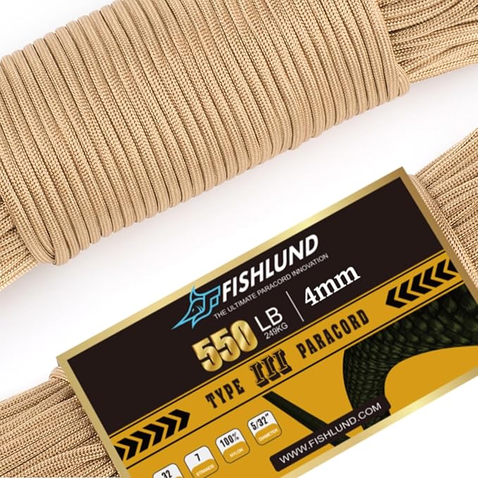 Paracord 550 lb, 7 Strand Paracord Rope 50ft 4mm, Nylon Parachute Cord by FISHLUND