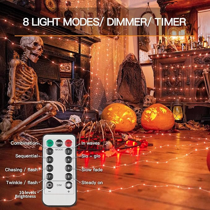 suddus Orange Halloween Fairy Lights Battery Operated, 66ft 200 LED Copper Wire - Image 3
