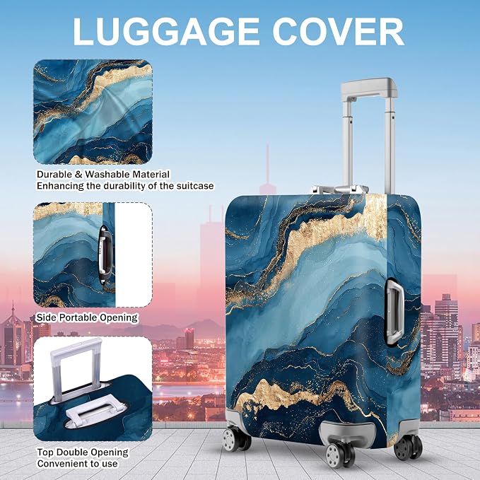 ANNA QUEEN Blue Marble Luggage Cover, Modern Gold Vein Abstract Design Suitcase - Image 3