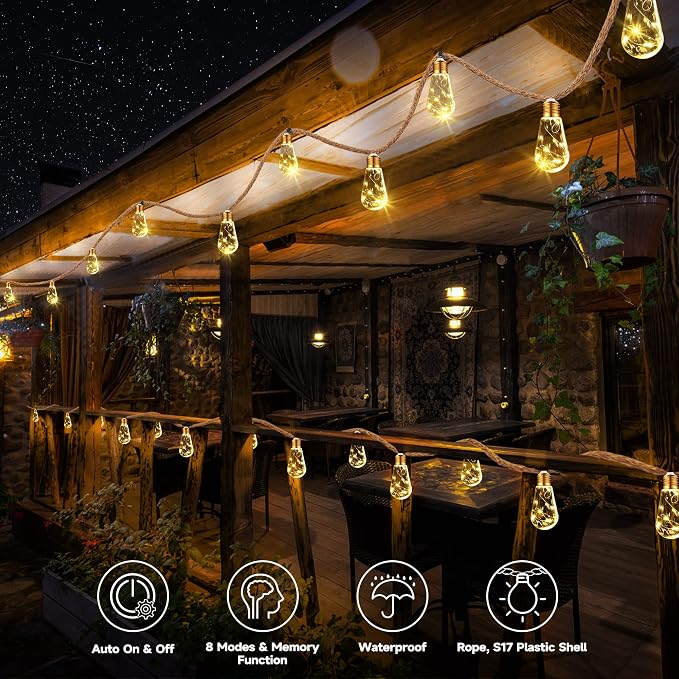 Solar Outdoor String Lights, 20Ft Vintage Rope Hemp Solar Patio Lights - Image 2