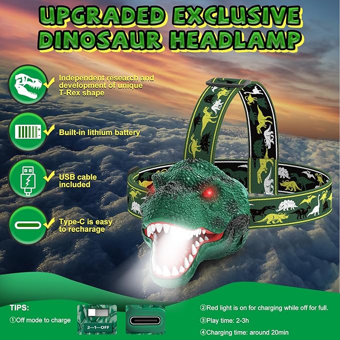 Nitigo Dinosaur Headlamp for Kids Flashlight Rechargeable Led Dino Head Lamp - Image 6