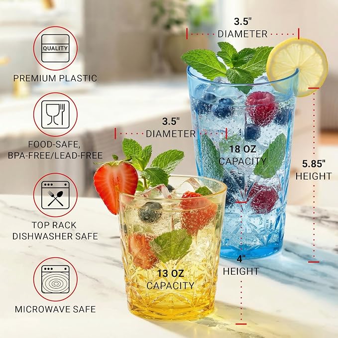 Bravario Royal Plastic Drinking Glasses, 13 and 18 oz Set of 12, Plastic Cups - Image 5