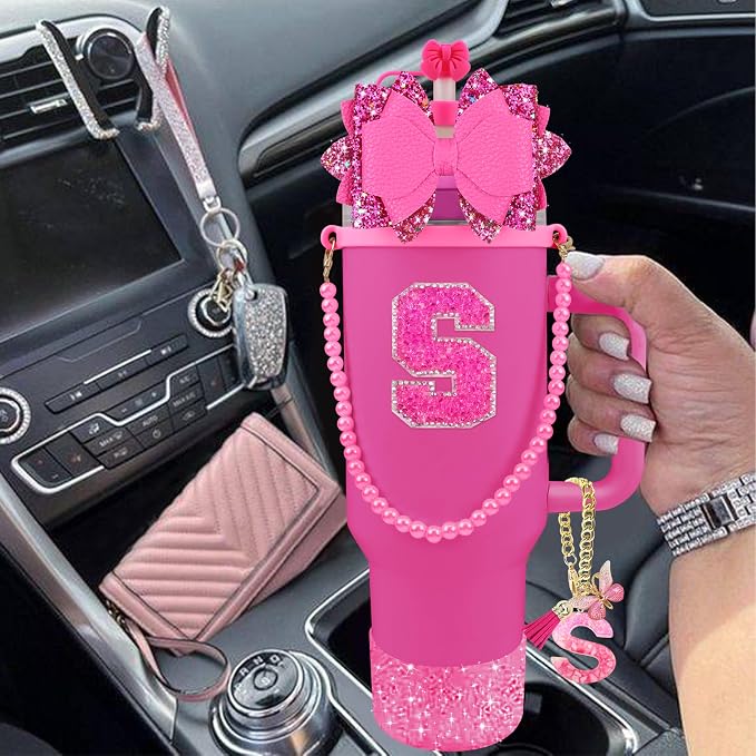 9PCS Hot Pink for Stanley Cup Accessories Set Bling Initials Bow Charms for - Image 6