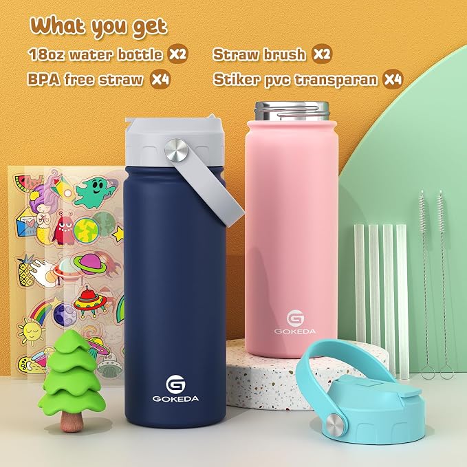 GoKEDA 18oz Kids Water Bottle, 2 Pack Insulated Bottles - Image 4