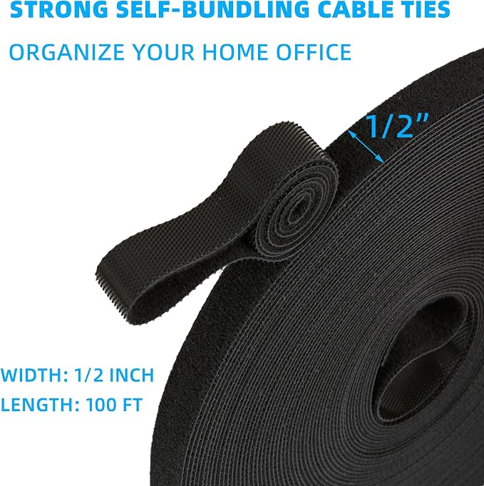 100 ft x 1/2 inch Hook and Loop Roll, Reusable Fastening Cable Ties, Office and - Image 2