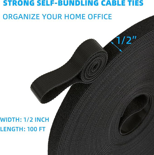 100 ft x 1/2 inch Hook and Loop Roll, Reusable Fastening Cable Ties, Office and - Image 2