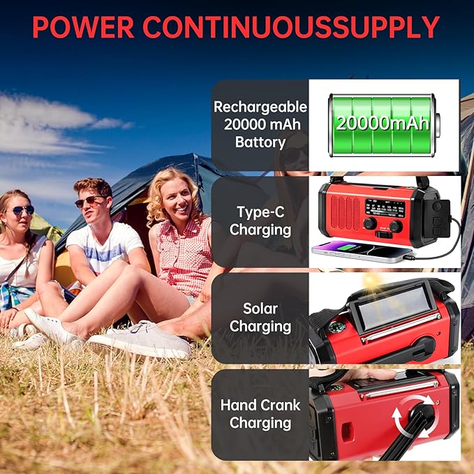 Emergency Radio Hand Crank Solar, AM/FM/NOAA Weather Radio Built-in 20000mah - Image 4