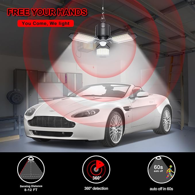 Motion Sensor Garage Light Plug in, 8000LM Shop Light 3 Modes, 3 Deformable LED - Image 2