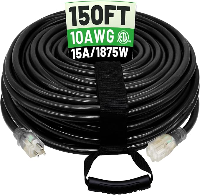 POWGRN 150 Ft 10AWG Black Outdoor Extension Cord Waterproof Heavy Duty 10 Gauge by POWGRN