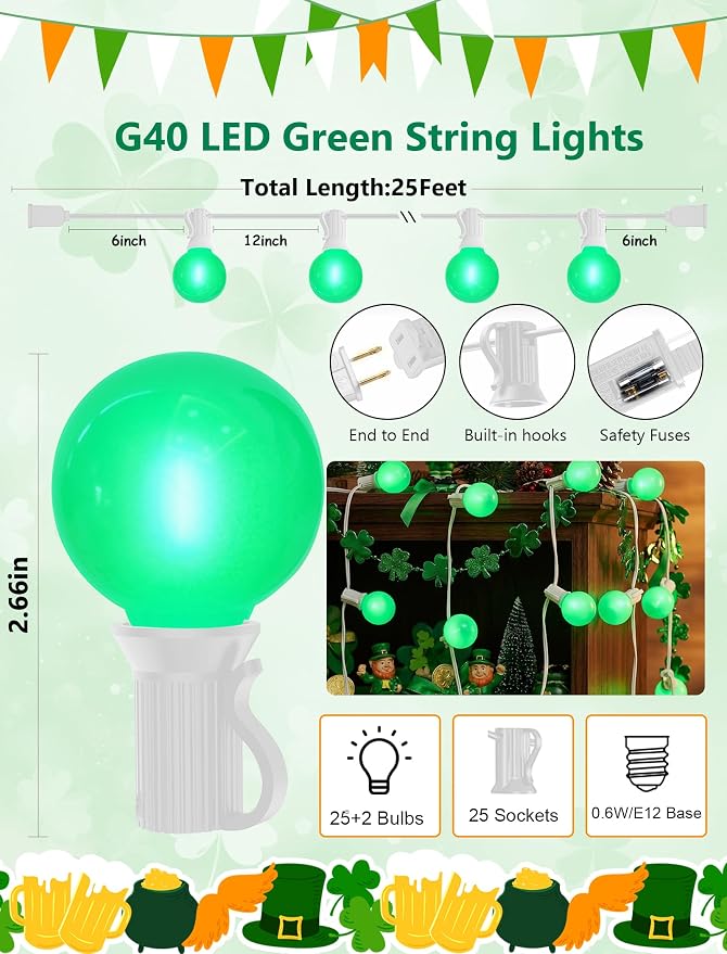 25FT G40 LED Outdoor St. Patrick's Day Green String Lights, St. Patrick's Day - Image 2