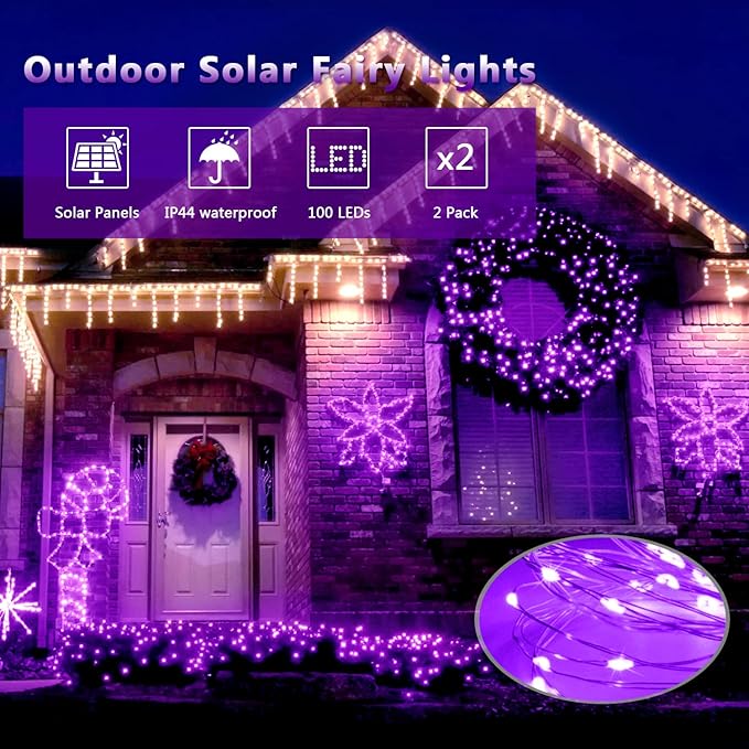 JMEXSUSS 4 Pack Purple Solar String Lights Outdoor Waterproof, 100 LED 33ft - Image 3