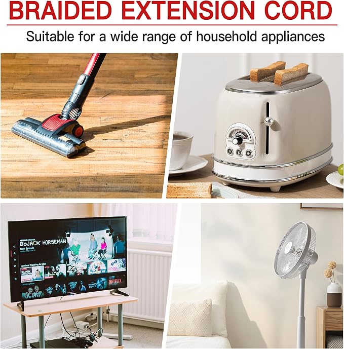 16/3 Flat Plug Braided Extension Cord 3 FT, Indoor 3 Prong Grounded Low Profile - Image 7