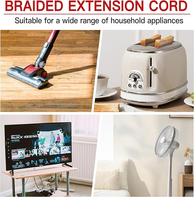 16/3 Flat Plug Braided Extension Cord 15 FT, Indoor 3 Prong Grounded Low - Image 7