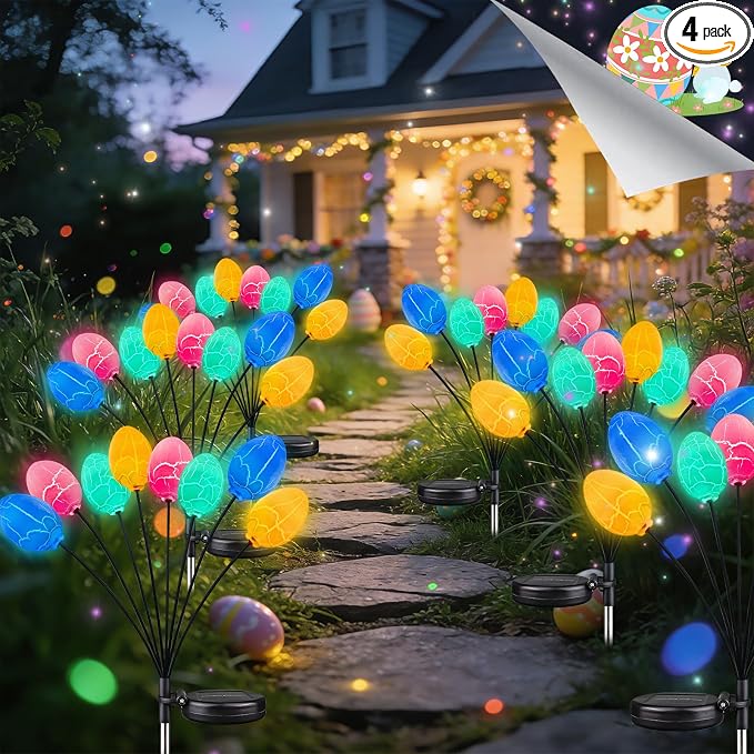 4 Pack 32 Led Solar Easter Egg Lights, Colorful Garden Swaying Firefly Lights by OZS